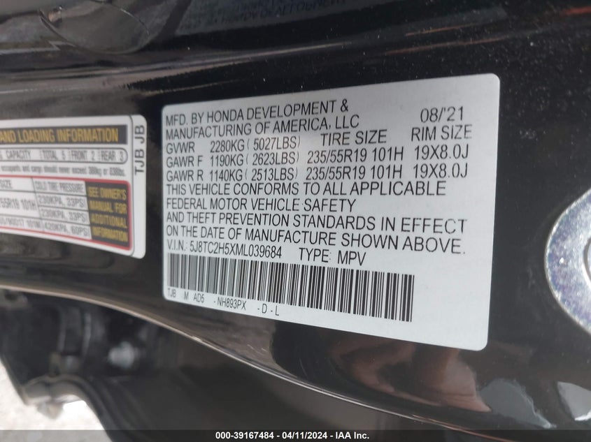 VIN 5J8TC2H5XML039684 2021 ACURA RDX TECHNOLOGY