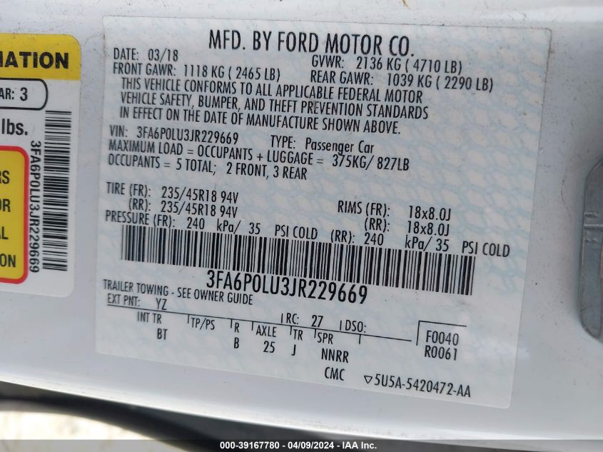 3FA6P0LU3JR229669 | 2018 FORD FUSION HYBRID