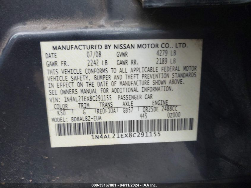 1N4AL21EX8C291155 | 2008 NISSAN ALTIMA