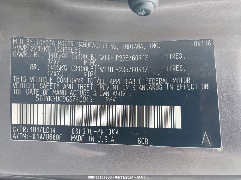 5TDYK3DC9GS740043 2016 Toyota Sienna Xle 8 Passenger