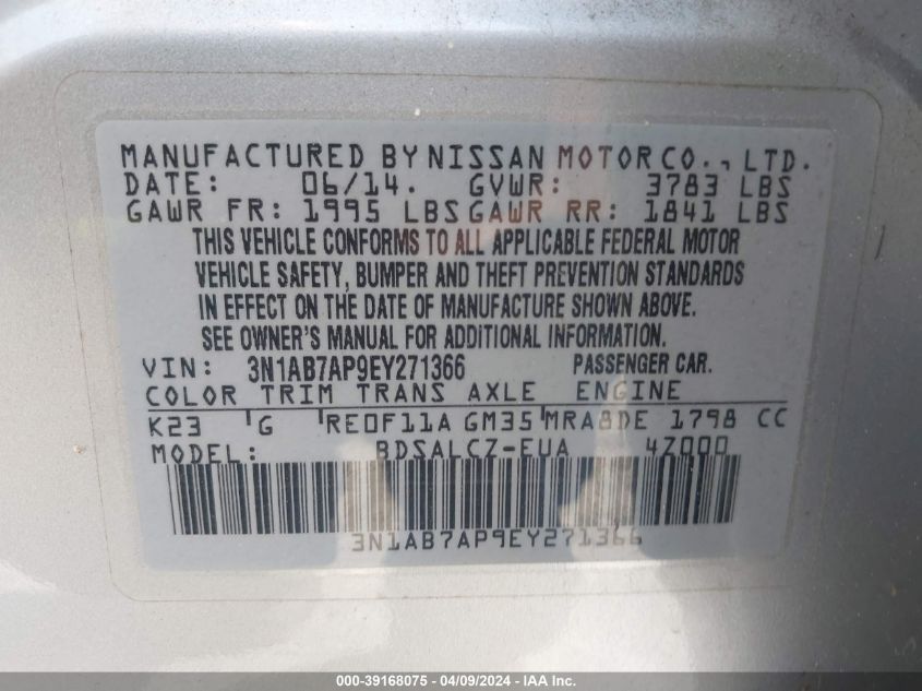 3N1AB7AP9EY271366 | 2014 NISSAN SENTRA