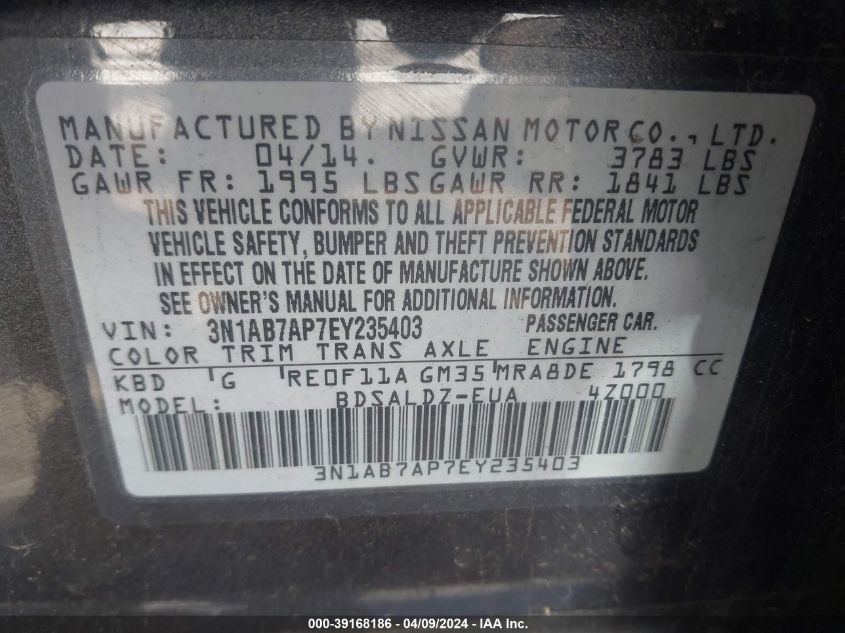 3N1AB7AP7EY235403 | 2014 NISSAN SENTRA