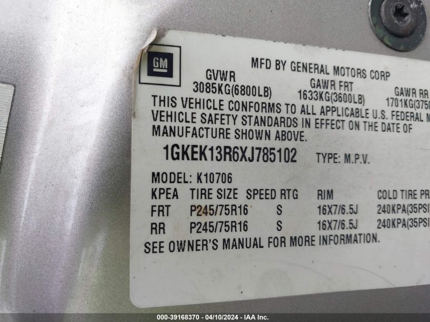 1999 GMC Yukon Sle VIN: 1GKEK13R6XJ785102 Lot: 39168370