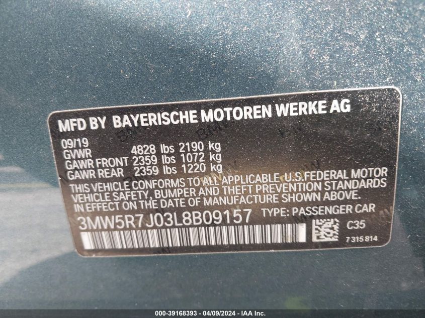 2020 BMW 330I xDrive VIN: 3MW5R7J03L8B09157 Lot: 39168393