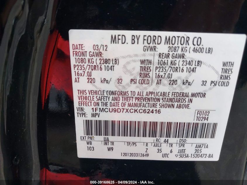 1FMCU9D7XCKC62416 2012 Ford Escape Xlt