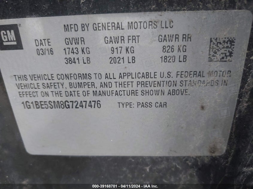 2016 CHEVROLET CRUZE LT - 1G1BE5SM8G7247476