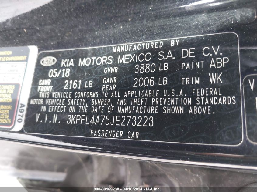 3KPFL4A75JE273223 | 2018 KIA FORTE