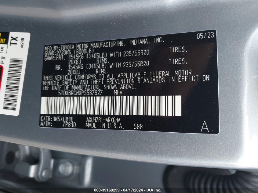 2023 TOYOTA HIGHLANDER VIN: 5TDXBRCHXPS587927