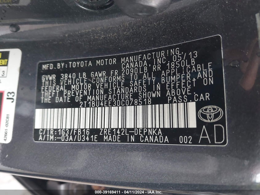 2013 TOYOTA COROLLA LE - 2T1BU4EE3DC078518