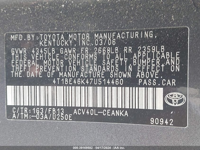 4T1BE46K47U514460 2007 Toyota Camry Le