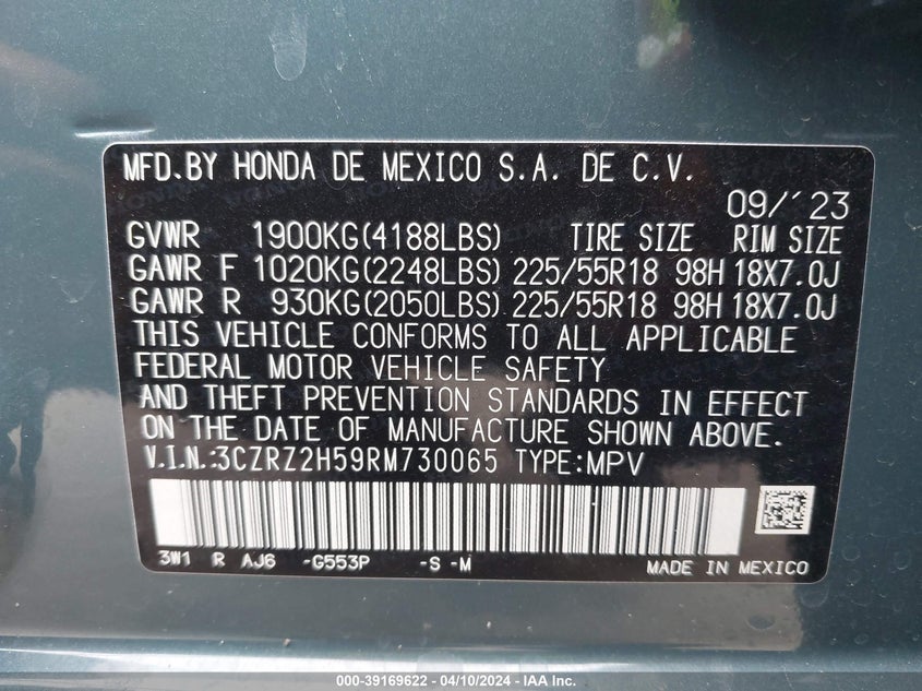 2024 HONDA HR-V 2.0L I4   N(VIN: 3CZRZ2H59RM730065