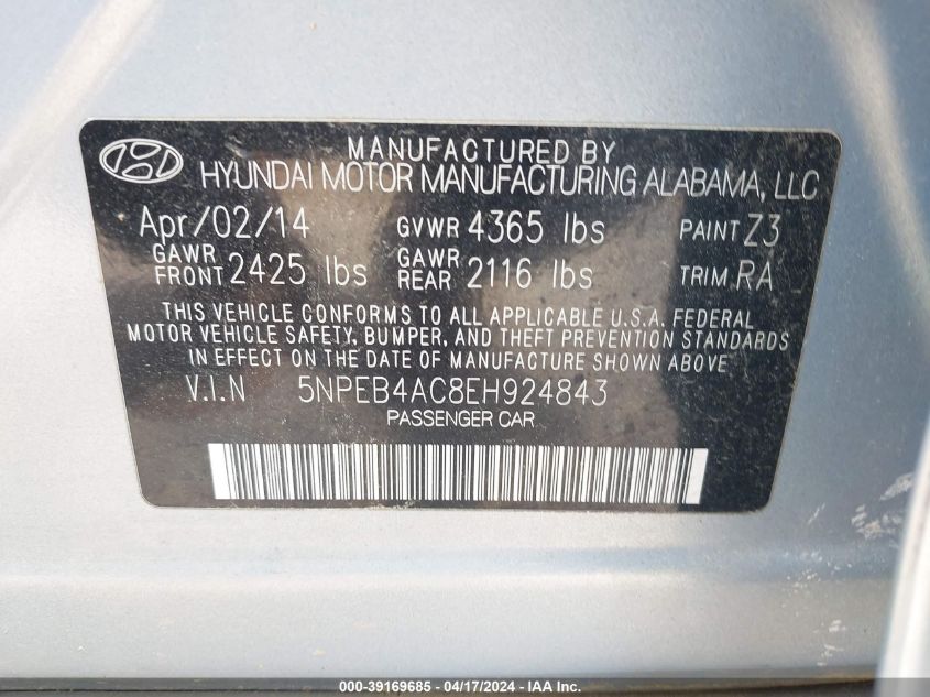 2014 HYUNDAI SONATA GLS - 5NPEB4AC8EH924843