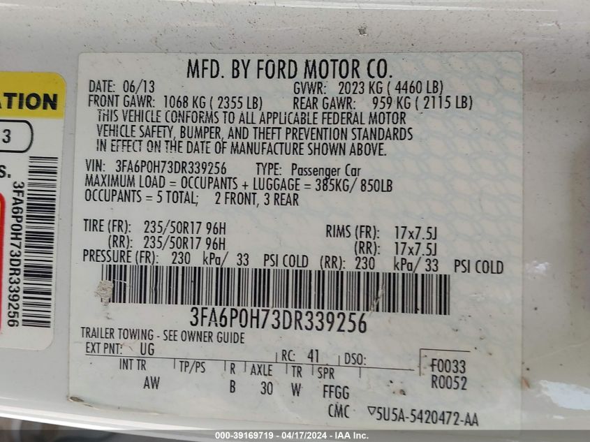 2013 Ford Fusion Se VIN: 3FA6P0H73DR339256 Lot: 39169719