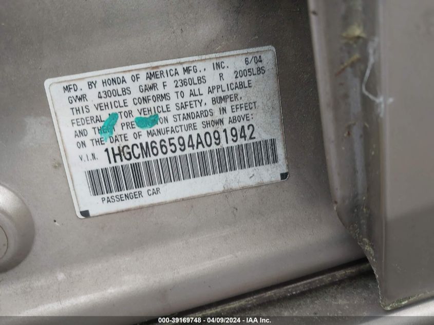 1HGCM66594A091942 | 2004 HONDA ACCORD