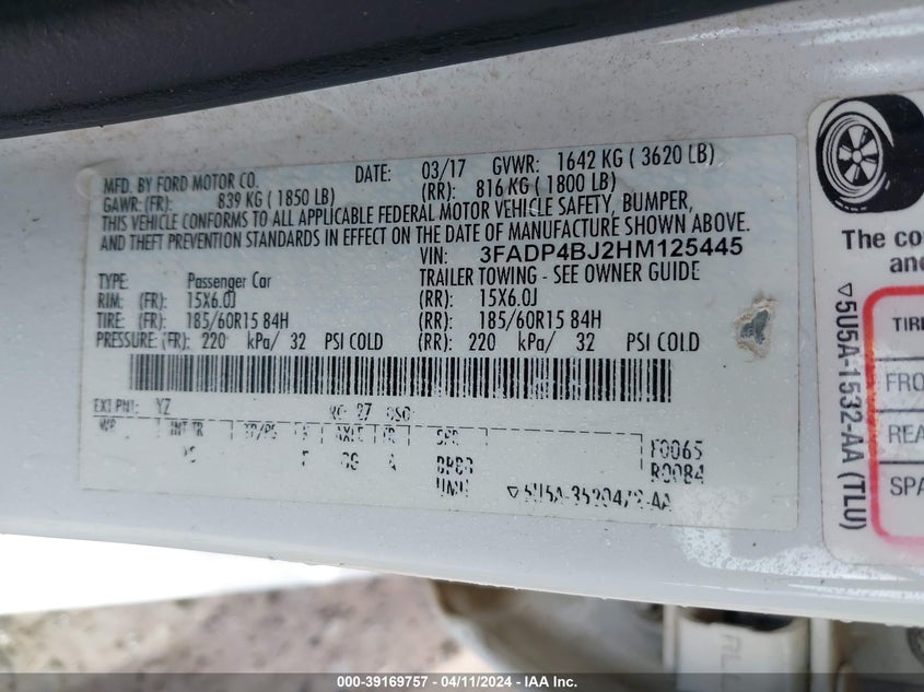 VIN 3FADP4BJ2HM125445 2017 FORD FIESTA SE