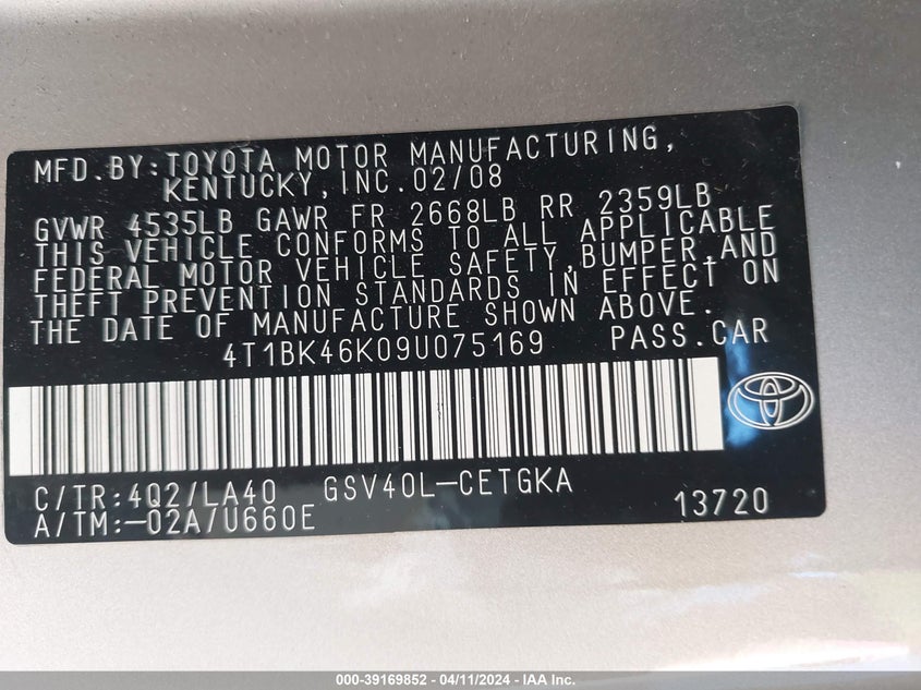 2009 TOYOTA CAMRY VIN: 4T1BK46K09U075169