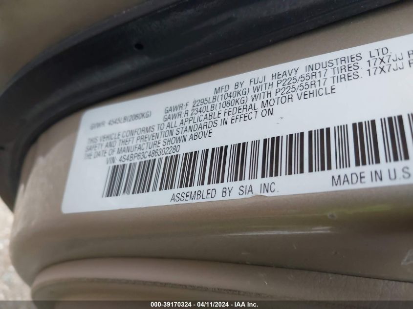 4S4BP63C486302280 | 2008 SUBARU OUTBACK