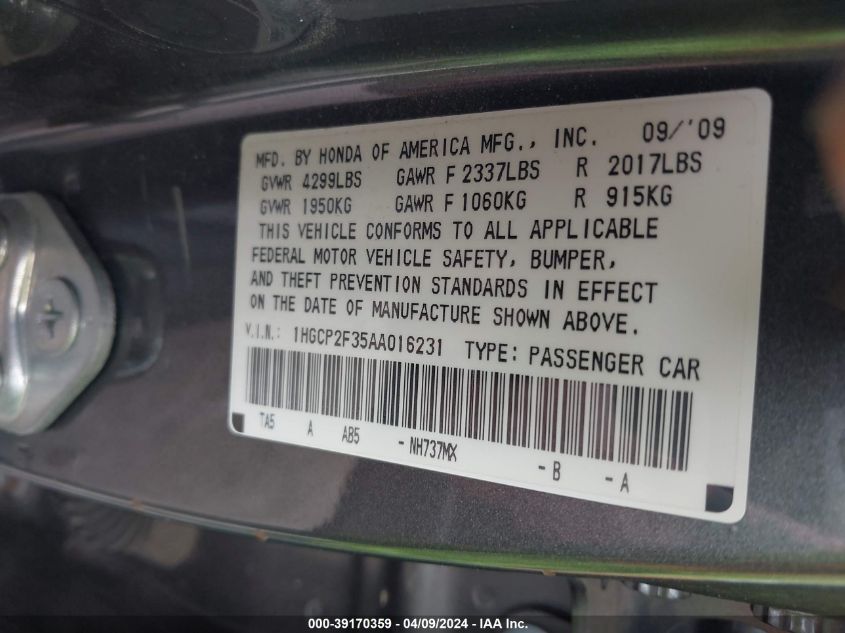 1HGCP2F35AA016231 | 2010 HONDA ACCORD