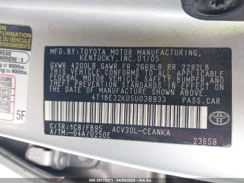 4T1BE32K05U038933 | 2005 TOYOTA CAMRY