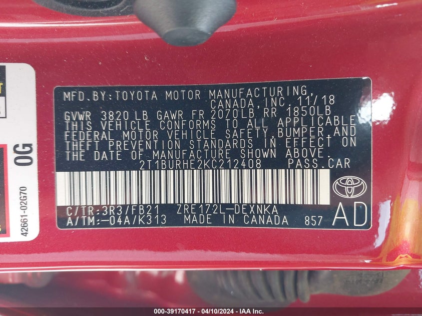 VIN 2T1BURHE2KC212408 2019 TOYOTA COROLLA LE