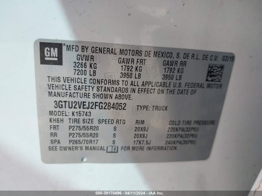 2015 GMC SIERRA 1500 SLT - 3GTU2VEJ2FG284052