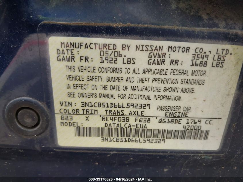 2006 Nissan Sentra 1.8 VIN: 3N1CB51D66L592329 Lot: 39170626