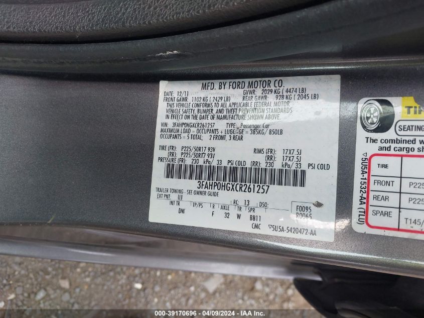 3FAHP0HGXCR261257 | 2012 FORD FUSION