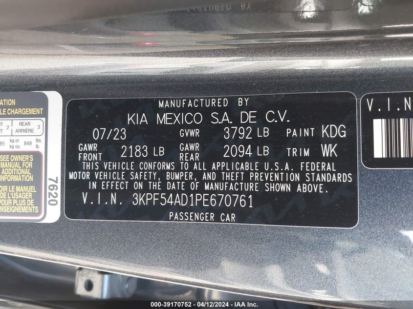 VIN 3KPF54AD1PE670761 2023 KIA FORTE GT LINE