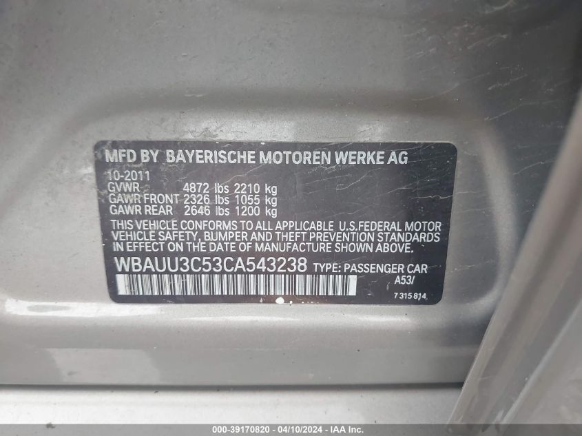 WBAUU3C53CA543238 | 2012 BMW 328I