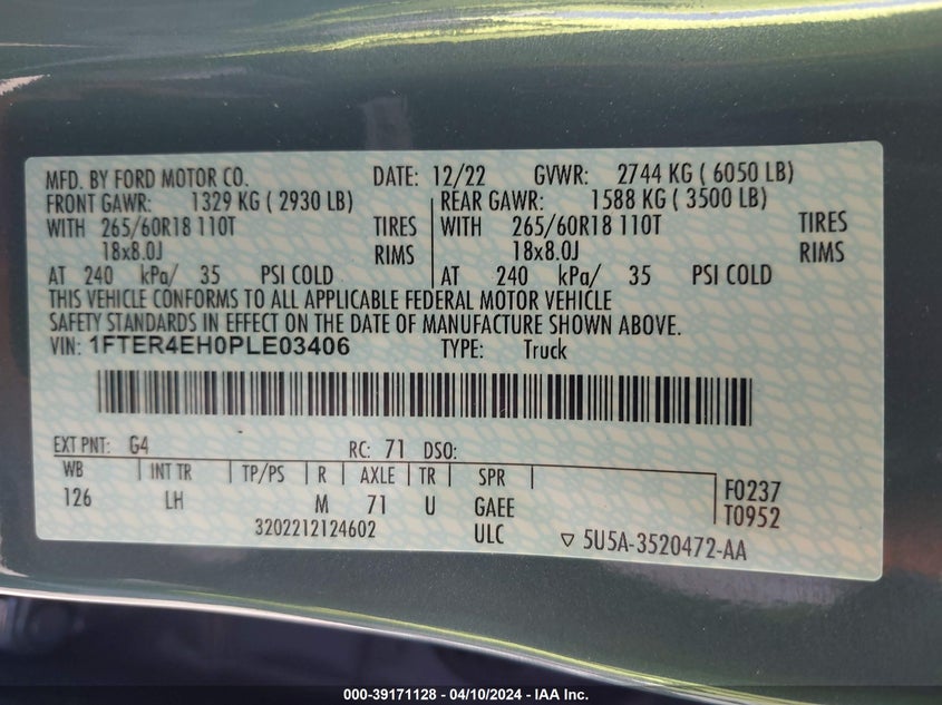VIN 1FTER4EH0PLE03406 2023 FORD RANGER XL/XLT/LARIAT