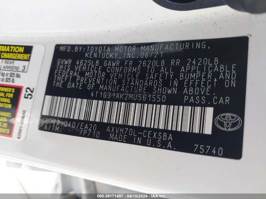 4T1G31AK2MU561550 2021 Toyota Camry Se Hybrid