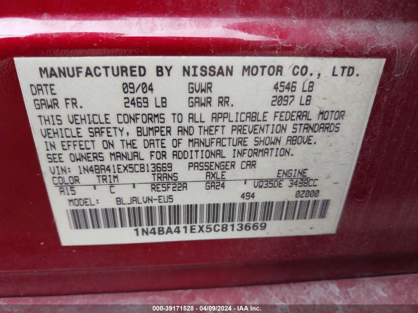 1N4BA41EX5C813669 | 2005 NISSAN MAXIMA