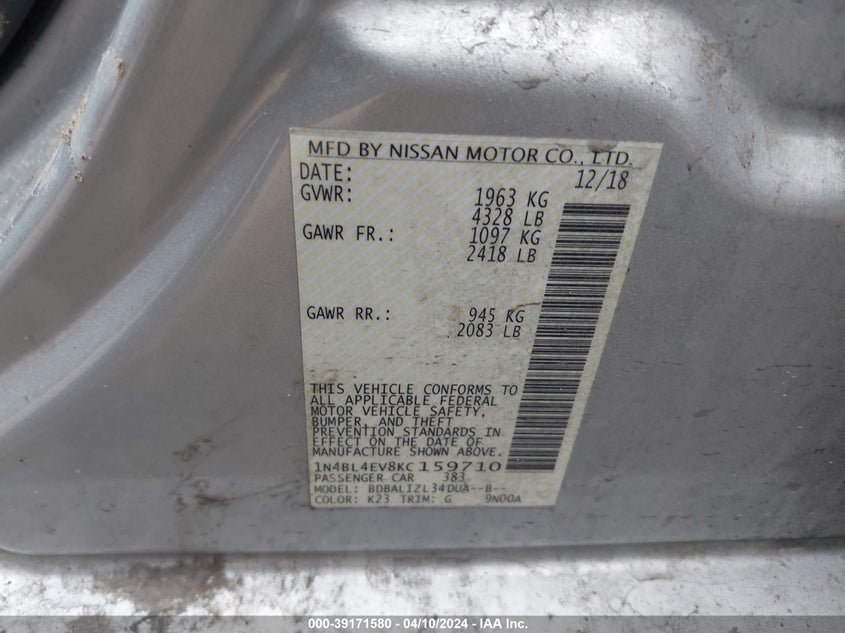VIN 1N4BL4EV8KC159710 2019 NISSAN ALTIMA SL