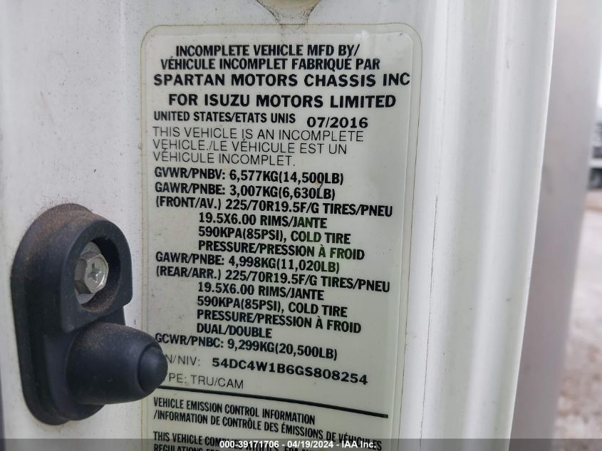 2016 Isuzu Npr Hd Gas Reg VIN: 54DC4W1B6GS808254 Lot: 39171706