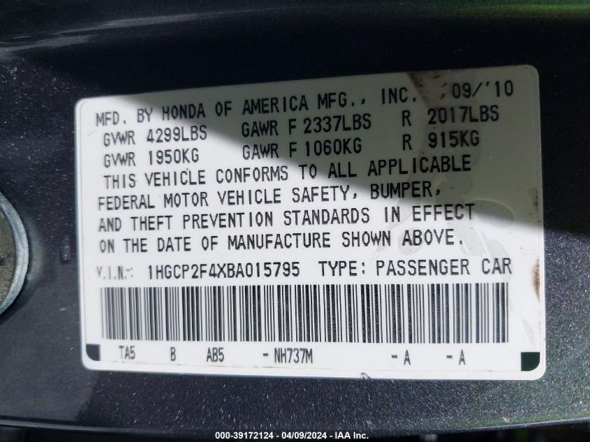 1HGCP2F4XBA015795 | 2011 HONDA ACCORD