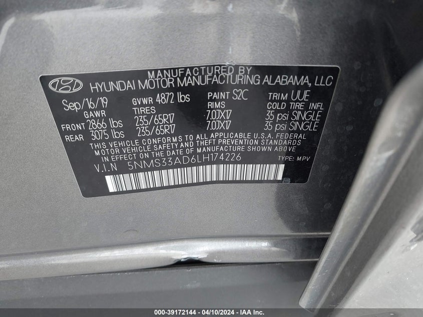 VIN 5NMS33AD6LH174226 2020 HYUNDAI SANTA FE SEL/SEL PLUS