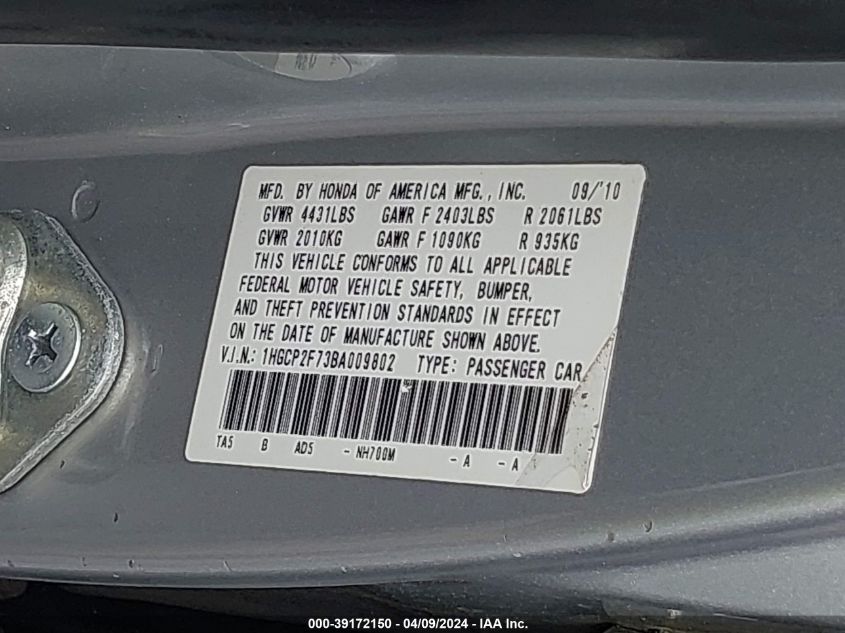 1HGCP2F73BA009802 | 2011 HONDA ACCORD