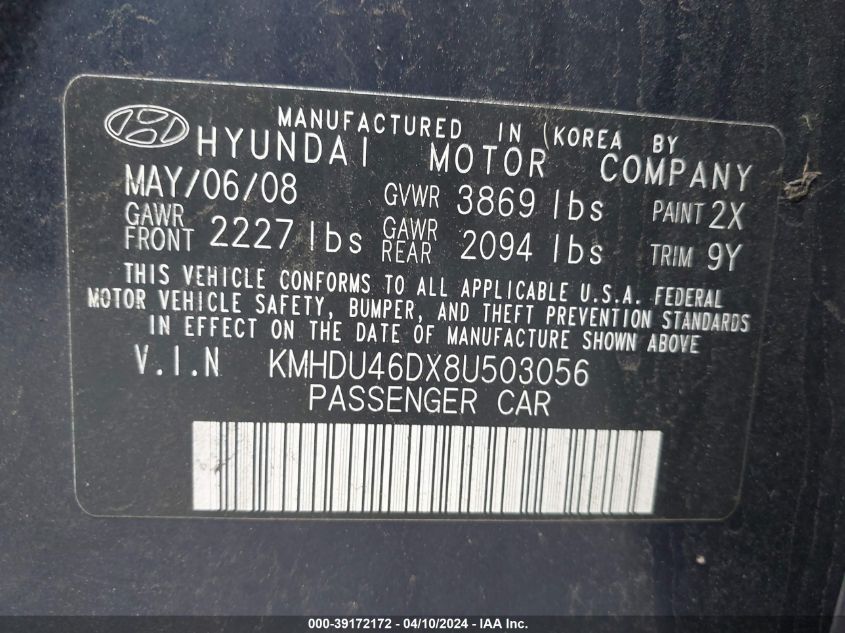 KMHDU46DX8U503056 | 2008 HYUNDAI ELANTRA