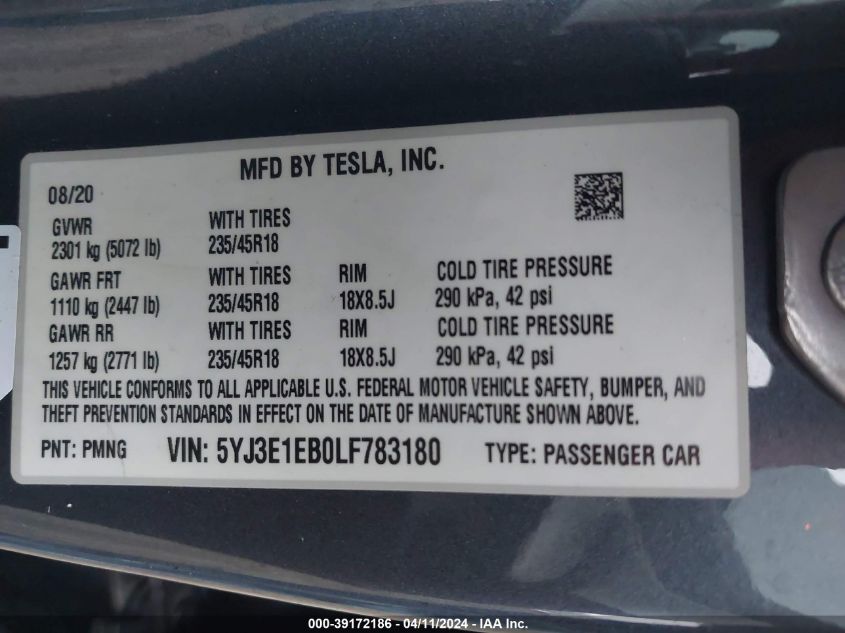 2020 Tesla Model 3 Long Range Dual Motor All-Wheel Drive VIN: 5YJ3E1EB0LF783180 Lot: 39172186