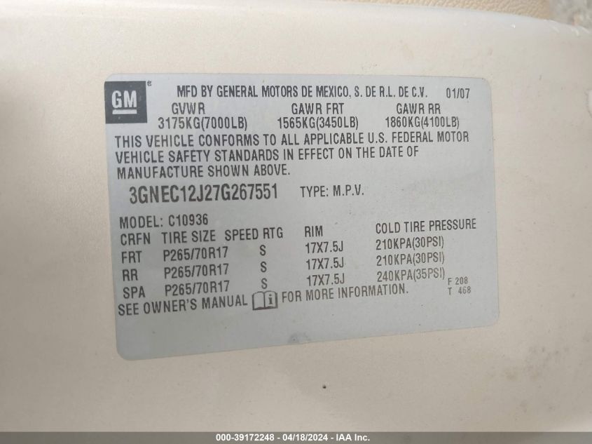 2007 Chevrolet Avalanche 1500 Ls VIN: 3GNEC12J27G267551 Lot: 39246748
