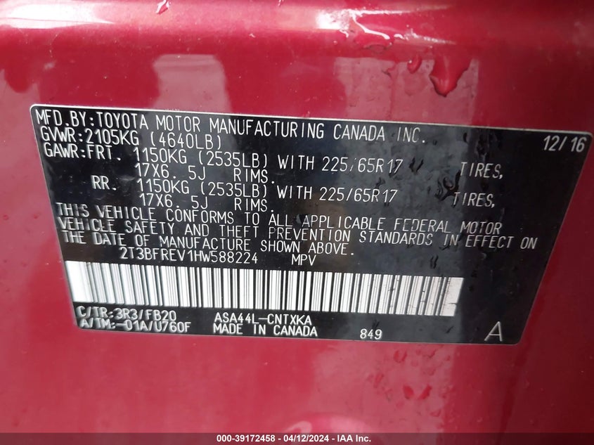 2017 TOYOTA RAV4 LE - 2T3BFREV1HW588224