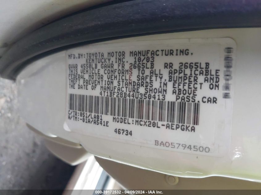 4T1BF28B44U350413 | 2004 TOYOTA AVALON