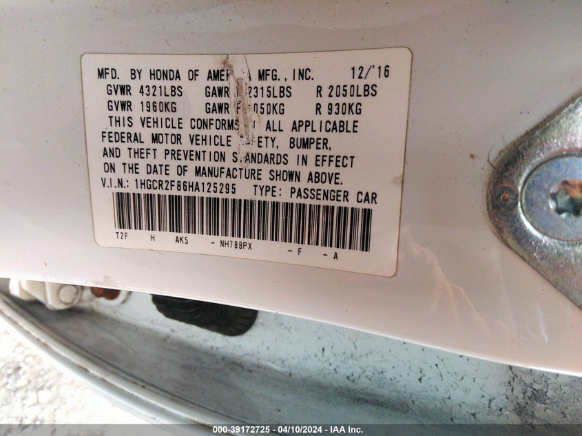 2017 HONDA ACCORD EXL - 1HGCR2F86HA125295