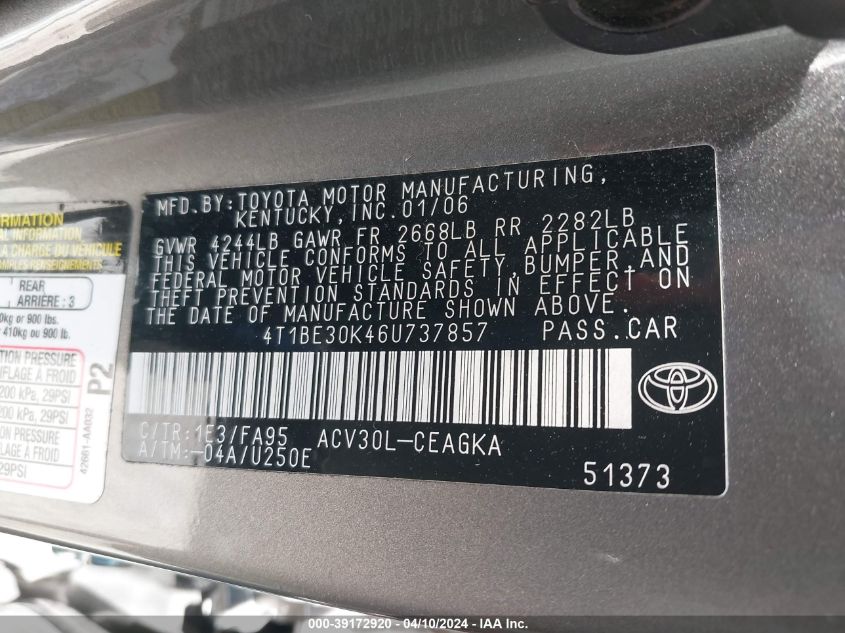 4T1BE30K46U737857 | 2006 TOYOTA CAMRY