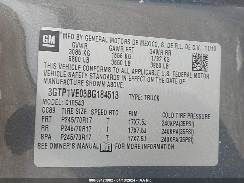 3GTP1VE03BG184513 | 2011 GMC SIERRA 1500