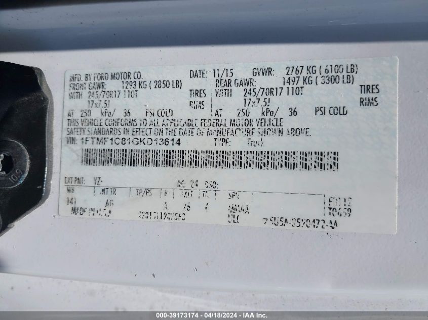 2016 Ford F-150 Xl VIN: 1FTMF1C81GKD13614 Lot: 39252403