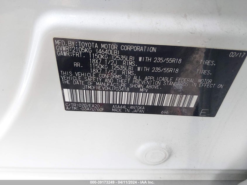 2017 TOYOTA RAV4 LIMITED/SE/PLATINUM - JTMDFREV0HJ703418