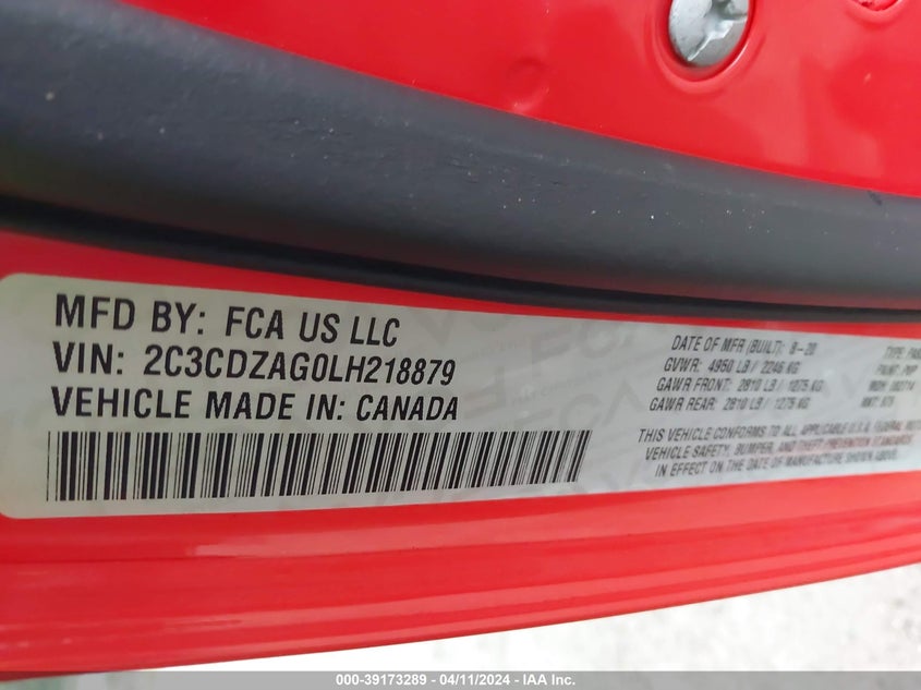 VIN 2C3CDZAG0LH218879 2020 DODGE CHALLENGER SXT