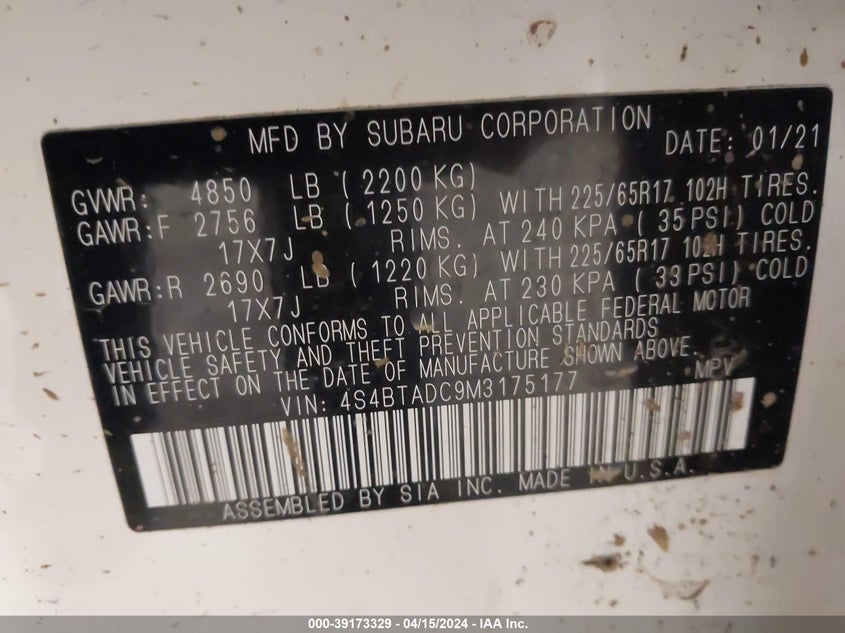 VIN 4S4BTADC9M3175177 2021 SUBARU OUTBACK PREMIUM