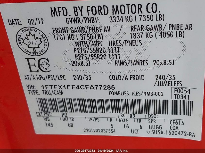 2012 Ford F-150 Fx4 VIN: 1FTFX1EF4CFA77285 Lot: 39251314